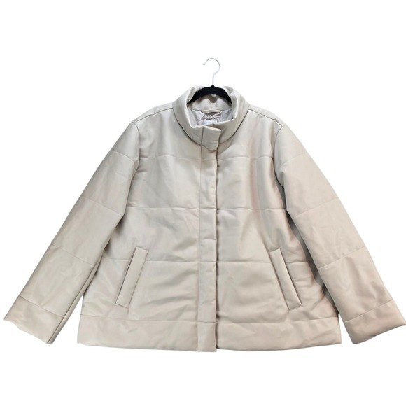 J Jill Womens 2X Vegan Faux Leather Quilted Puffer Jacket Snap Front Coat Pumice - Picture 1 of 14